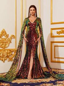 Plunging Neck Extra-Long Sleeve Sequin Formal Dress - Black - View 3