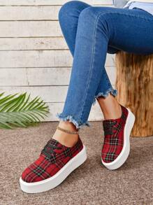 女性楔形鞋跟,厚底鞋-蘇格蘭格紋圖案,圓頭,綁帶,適合室內和室外休閒穿著,也適用於工作或學校鞋,紅色,2024年春夏新品 - 紅色 - 查看 1