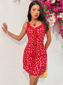 Soleia Ladies' Floral Print Frill Hem Short Dress - Red - View 6