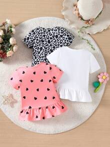 Baby Girl Leopard Print & Heart Pattern Round Neck Casual Short Sleeve T-Shirt 3pcs/Set For Summer - Multicolor - View 2