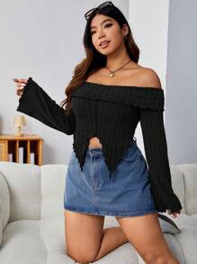 SHEIN EZwear Áo thun có đường viền bất đối xứng dài tay hở vai cỡ lớn - màu đen - Xem 4