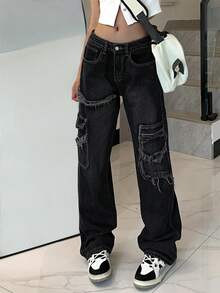 Flap Pocket Cargo Jeans - Black - View 6