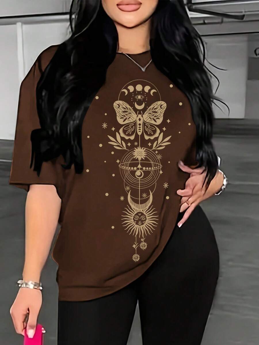 VaVaBold 蝴蝶&太陽印花超大尺寸寬鬆直落肩基本t恤 - 棕色 - 查看 1