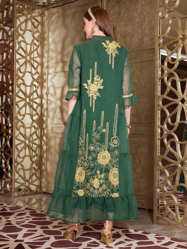 Women's Elegant Contrast Mesh Embroidery Jalabiya Kaftan Dress With Ruffle Hemline, Elegant Luxury Evening Party Style