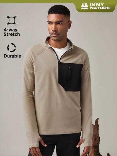 SHEIN In My Nature Men's Solid Color Stand Collar Zipper Pocket Outdoor Jacket Hiking Clothes