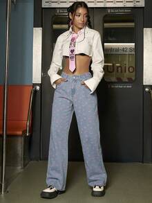 Y2K Street drăguț cu imprimeu floral cu talie înaltă buzunare înclinate Blugi largi cu picioare drepte Pantaloni casual de zi cu zi din denim - Albastru - Vizualizare 6