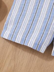 SHEIN Baby Boys' Casual Striped Overall Shorts With Suspenders, Spring & Summer, Suitable - Blue - View 3