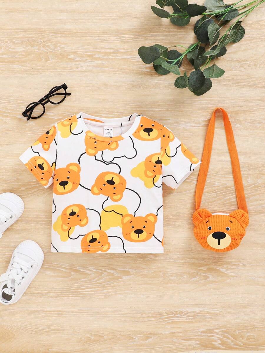 SHEIN Baby Boy'S Cute Bear Pattern Short Sleeve Top With Diagonal Shoulder Bag Set