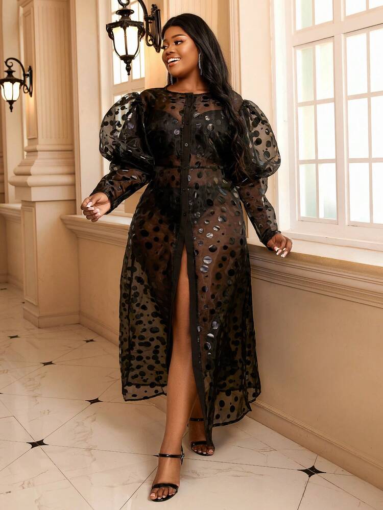 Damen-rundhals-mesh-kleid Mit Langen Ärmeln In Übergröße - Schwarz - Übersicht 3