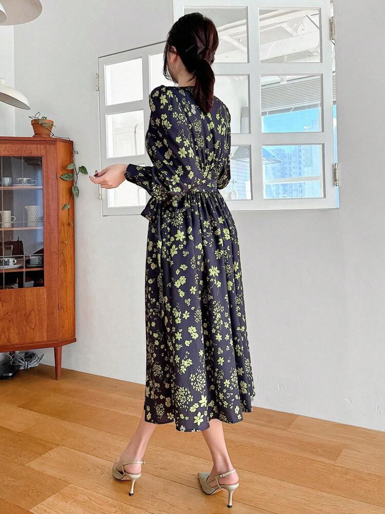 Women's Floral Printed Knot Detail Side Slit Dress,Fall Dress Long Sleeve Dress Vacation Outfits Women Boho