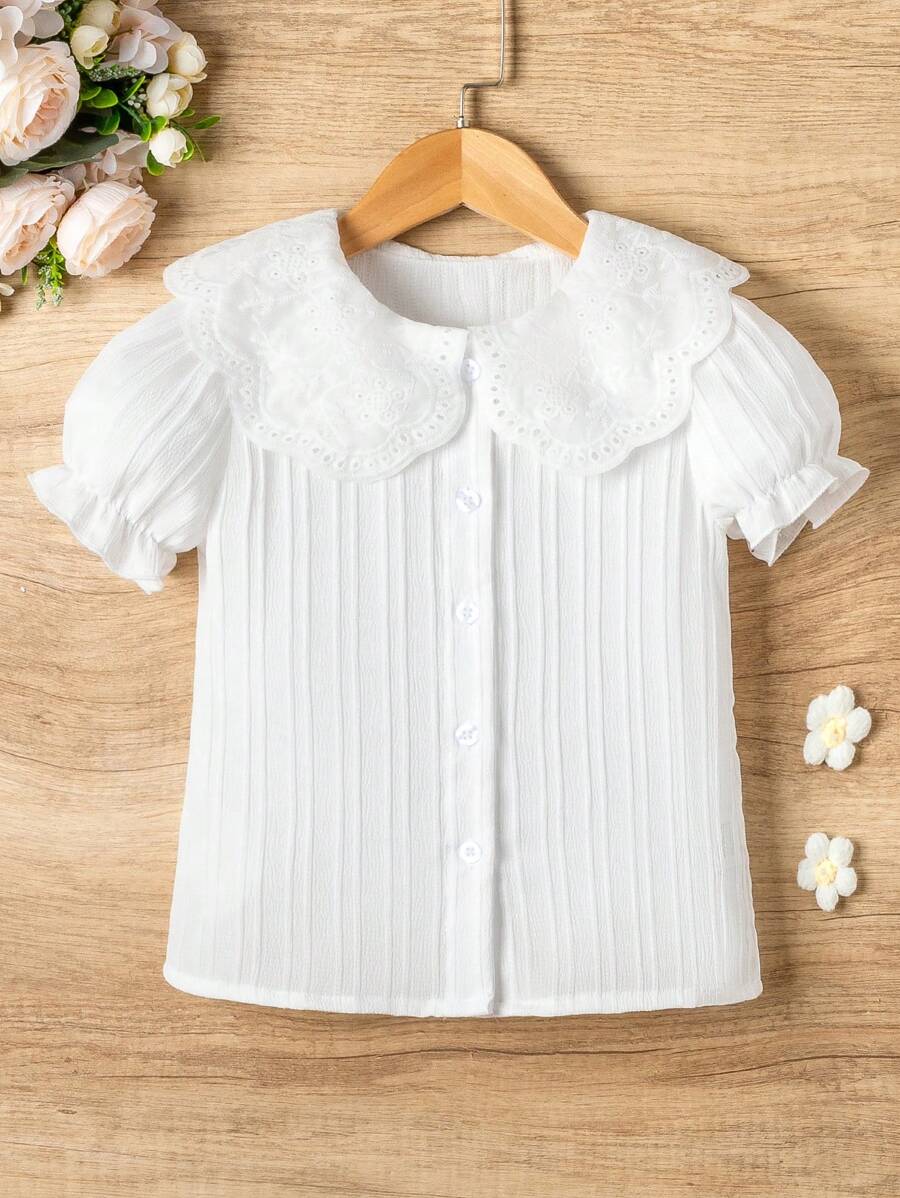 SHEIN Young Girl White Basic Rural Vacation Style Peter Pan Collar Shirt - White - View 1