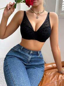SHEIN Women's Casual Black V Neck Textured Lace Push Up Bra - Multicolor - View 7