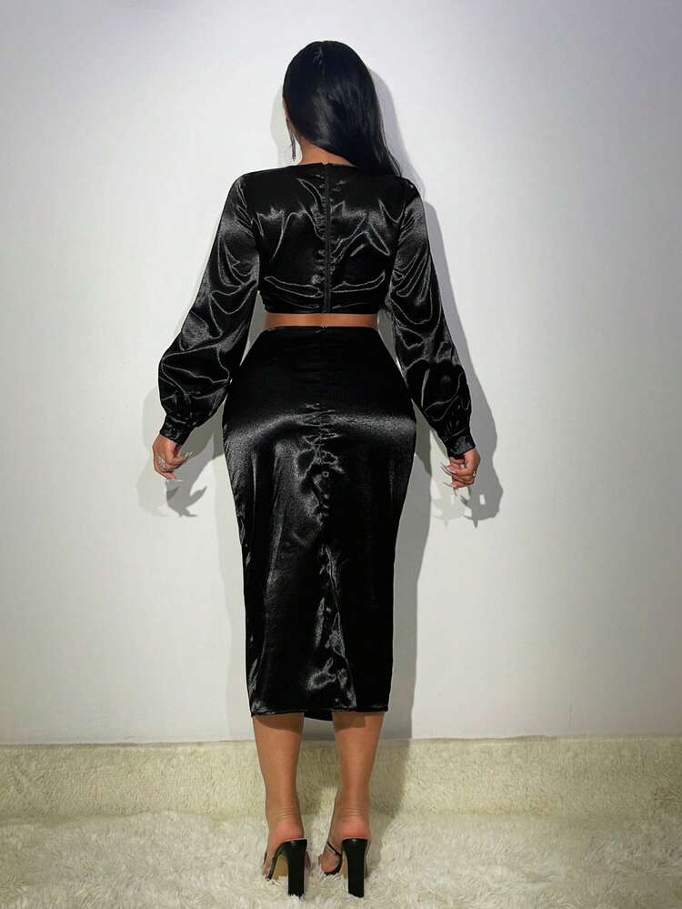 Drawstring Front Lantern Sleeve Cropped Top And Skirt Set