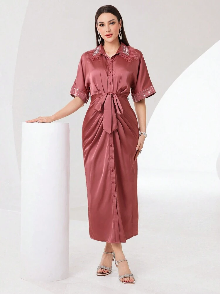 Women's Rhinestone Button Plaid Patchwork Fleece Hem Cardigan Dress Long Evening Dresses