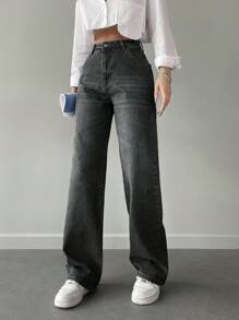 Cottnline Casual Slant Pocket Straight Leg Jeans - Grey - View 4