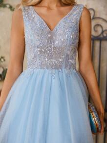 Lovelzi Gorgeous 3d Beaded Embroidery & Sheer Mesh Contrast Women's Cocktail Party Dress Elegant Prom Semi Formal Wedding Guest Dress, For Birthday, Graduation, Homecoming