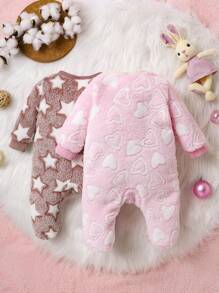 2pcs/Set Baby Girls' Plush Warm Jumpsuits With Star & Heart Pattern - Pink - View 2