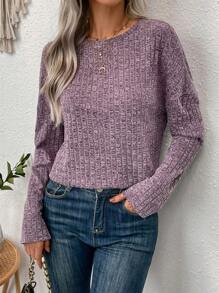 SHEIN LUNE Purple Round Neck Long Sleeve T-Shirt - Purple - View 5