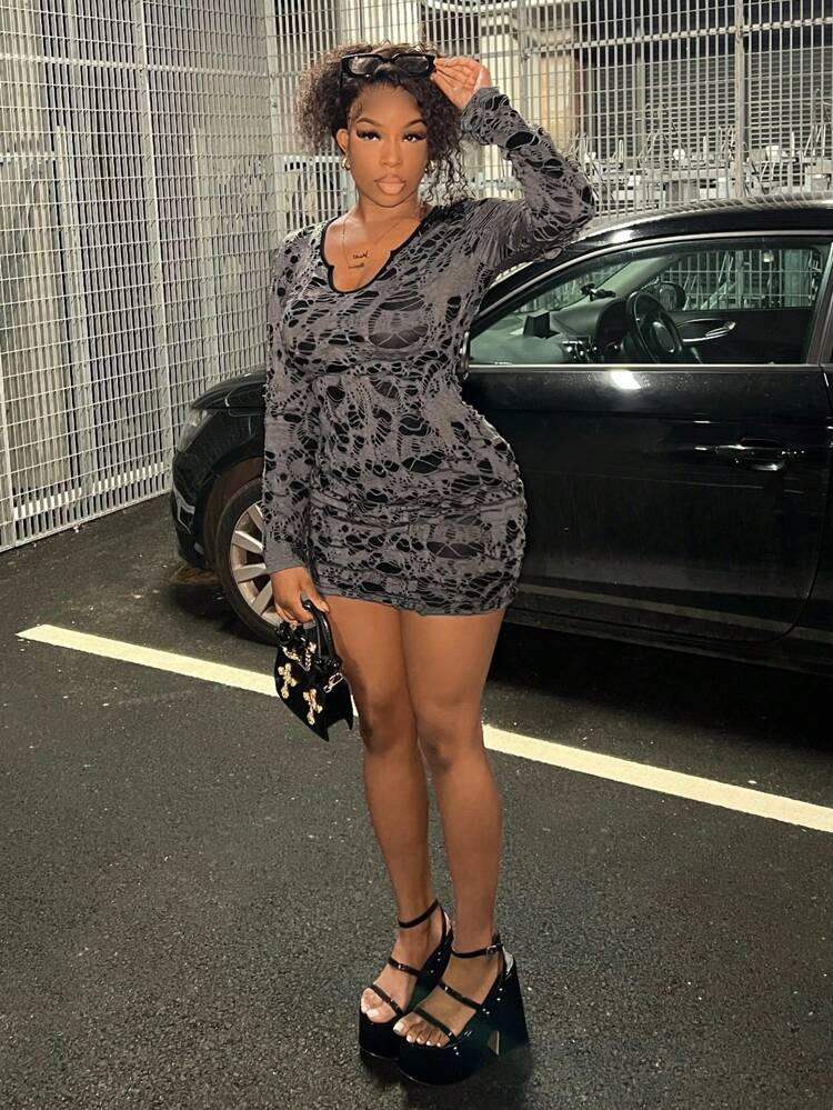 Casual Long Sleeve Gray Distressed Bodycon Mini Dress