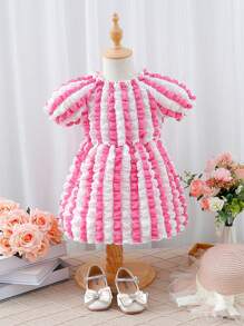 Baby Girl 1pc Vintage Striped Short Sleeve Dress - Multicolor - View 1