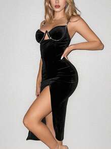 Sweetina Women's Rhinestone Embellished High Slit Spaghetti Strap Dress - Black - View 3