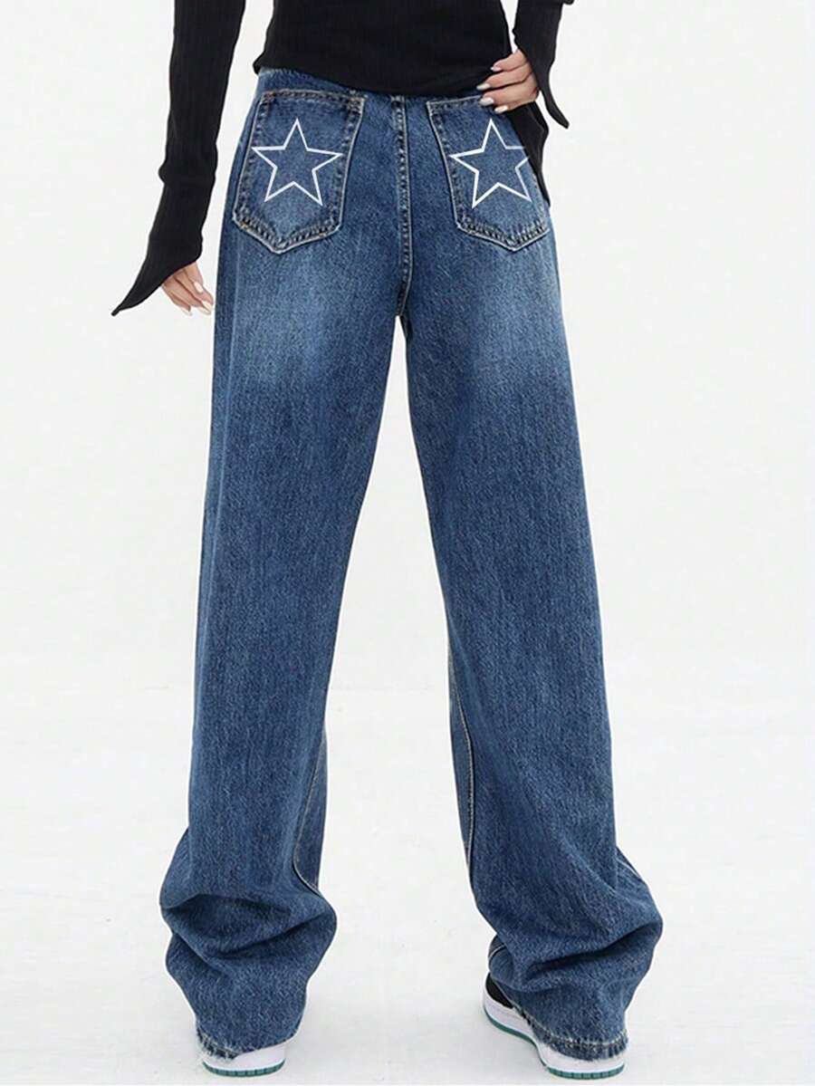 Jeans con estampado de estrella - Azul lavado medio - Ver 1