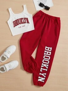 SHEIN Leap Crew Cô Gái Trẻ Đồ họa Chữ cái Áo ba lỗ & Quần nỉ - Đỏ và trắng - Xem 1