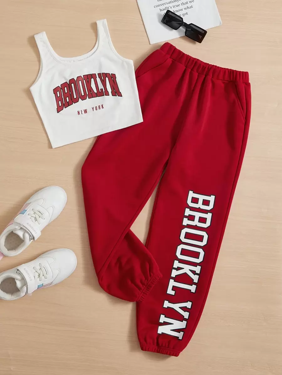 SHEIN Leap Crew Cô Gái Trẻ Đồ họa Chữ cái Áo ba lỗ & Quần nỉ - Đỏ và trắng - Xem 1