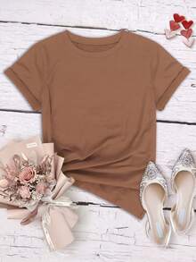 SHEIN Qutie 踏板字母印花短袖圓領t恤 - 棕色 - 查看 2