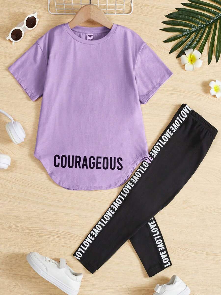 SHEIN Ensemble T-shirt Et Pantalon Coupe Ample Et Décontracté Pour Petites Filles, Col Rond, Épaules Tombantes
