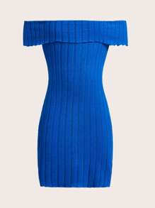 SHEIN 少女针织露肩罗纹连衣裙 - 寶藍色 - 查看 1