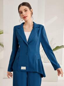 Seusyu Ladies' Solid Color Blazer With Badge Detail - Blue - View 3