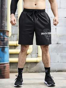 Manfinity Fitness 男友风男士运动短裤，带字母和龙印花慢跑短裤 - 黑色 - 查看 5