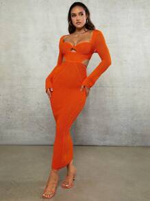 Silquee Vestido Comprido Feminino Laranja Crochê de Manga Longa, Cintura Vazada, Decote Sexy, Gola Gravatinha, Roupas de Primavera e Verão, Vestido de Médio Comprimento - Laranja - Visão 5
