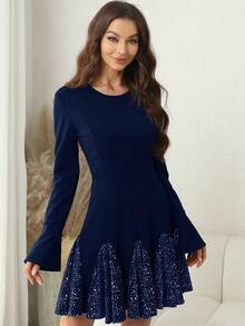 SHEIN Clasi 女款荷葉邊袖荷葉邊圓領連身裙