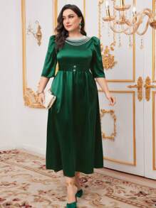 Modelyn Vestido largo de fiesta con decoración de cadena con cuentas y mangas abullonadas para talla grande