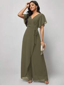 Amorya Women's Short Sleeve Wrap Front Jumpsuit With Flared Hem - Army Green - View 3