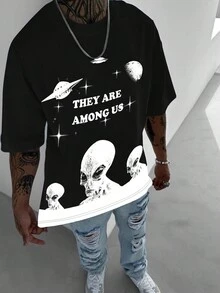 Manfinity Homme Men'S Alien Slogan Print T-Shirt - Black - View 4