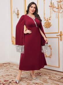 Modelyn Burgundy Red Plus Size Embroidered Woven & Cape Sleeve & Tassel Decorated Dress
