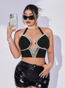 SHEIN ICON 大尺碼女式亮片拼布鏤空掛脖黑色緊身胸衣背心 - 黑色 - 查看 1