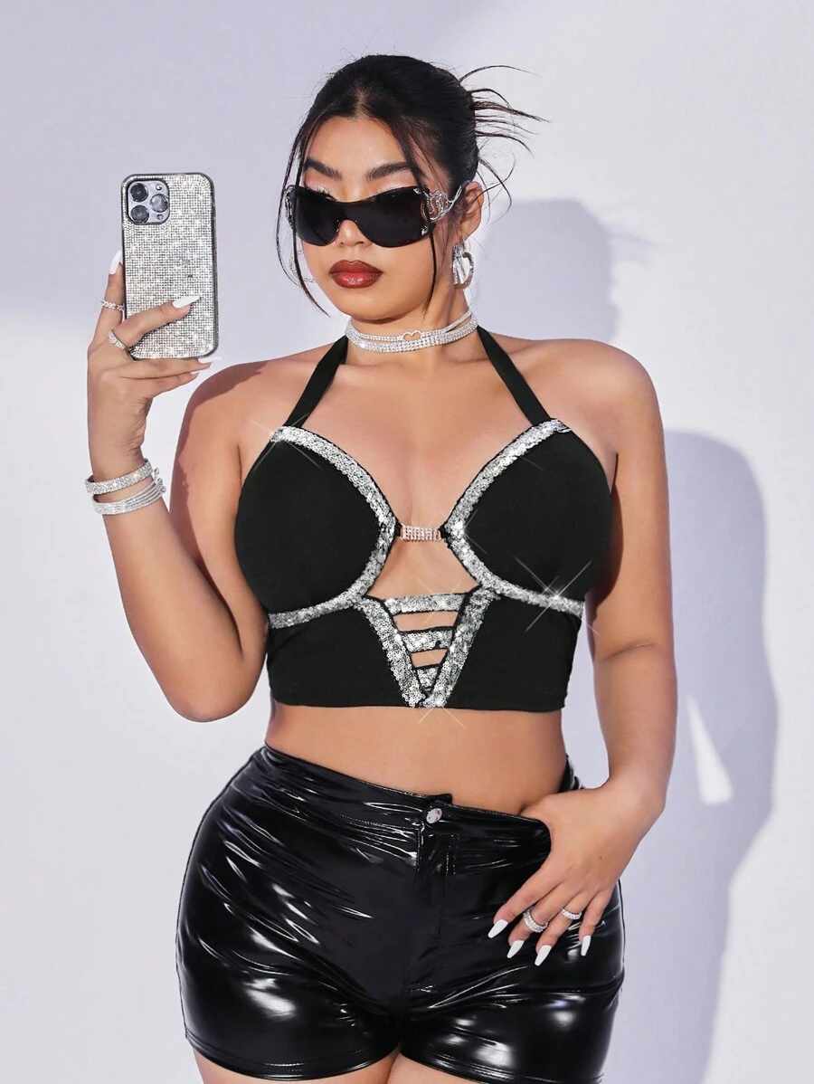 SHEIN ICON 大尺碼女式亮片拼布鏤空掛脖黑色緊身胸衣背心 - 黑色 - 查看 1