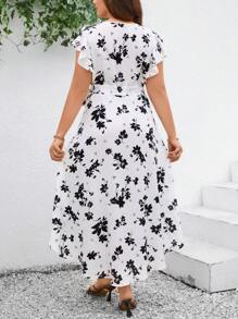 SHEIN Clasi 大尺碼女蝴蝶袖花卉印花連身裙 - 黑與白 - 查看 2