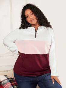 SHEIN CURVE+ Christmas Plus Colorblock Half Zip Hoodie - Multicolor - View 1
