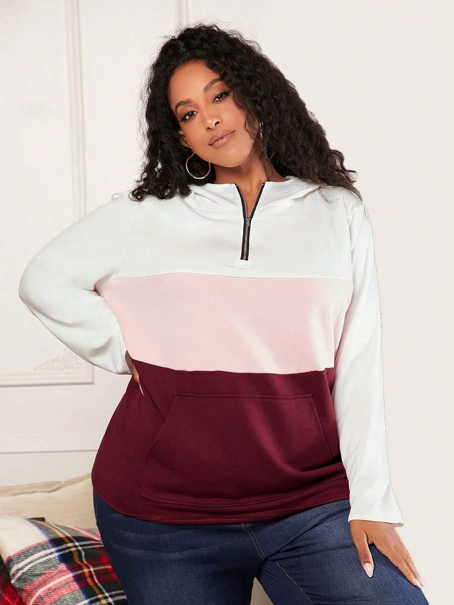 SHEIN CURVE+ Christmas Plus Colorblock Half Zip Hoodie - Multicolor - View 1