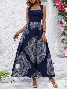 SHEIN LUNE 女士條紋百褶無袖連身裙 - 藏蓝色 - 查看 6