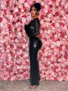 SHEIN SXY 3d花型迷你背心和褲套裝,金屬薄膜覆蓋網眼面料 - 黑色 - 查看 3