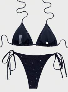 Swim SXY Summer Beach Triangle Cup Tie-Front Side-Tie Bikini Set Music Festival - Black - View 2