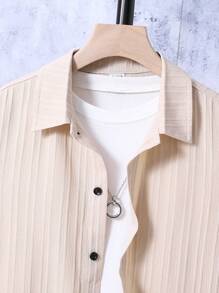 SHEIN Conjunto Informal De Camisa Y Pantalones Cortos De Manga Corta De Color Sólido Para Niños Tween Para Verano - Caqui - Ver 2