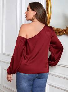 SHEIN Privé Plus Size Women's Asymmetrical Collar Lantern Sleeve Shirt - Red - View 2