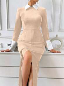 SHEIN Privé Women's Contrast Color Split Dress - Apricot - View 3